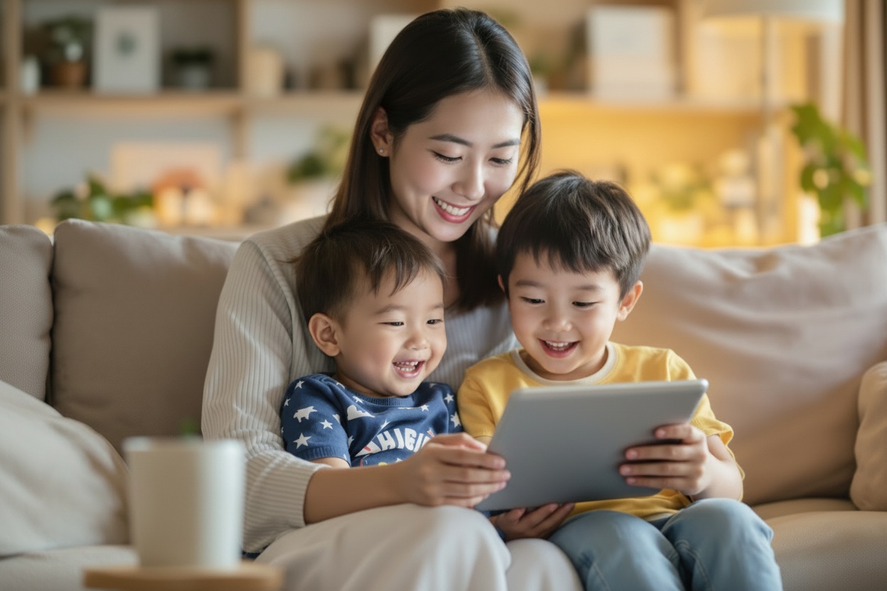 ミライコイングリッシュで楽しく英語学習する日本人ママと子供