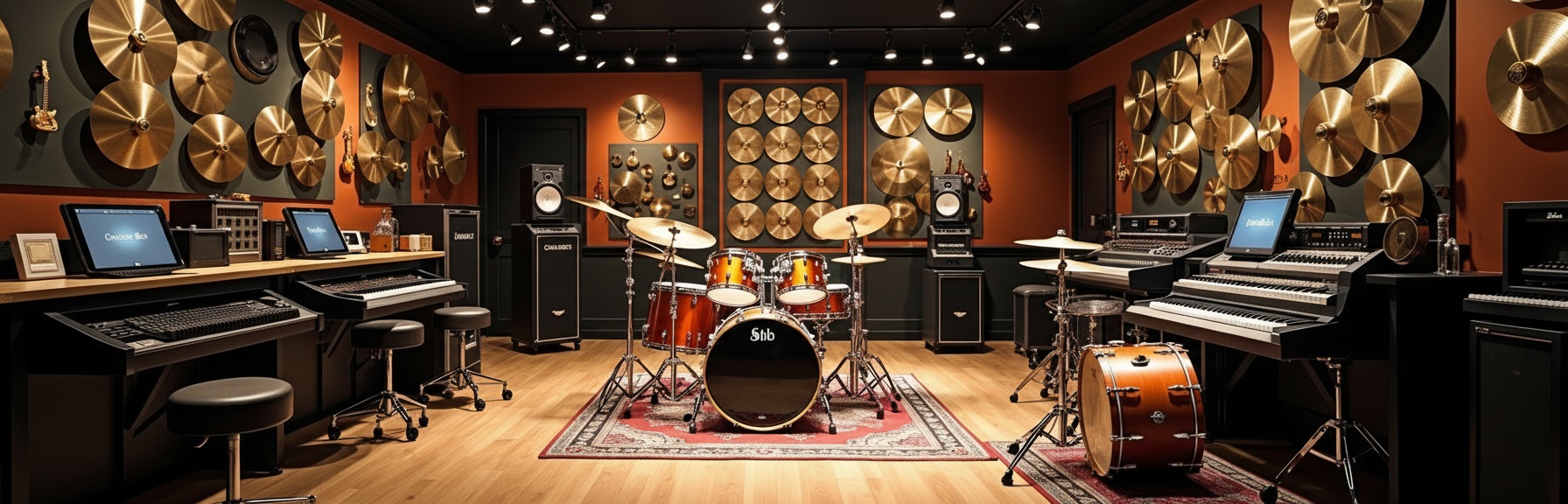 Duck's Drum Shop interior showing professional drum displays