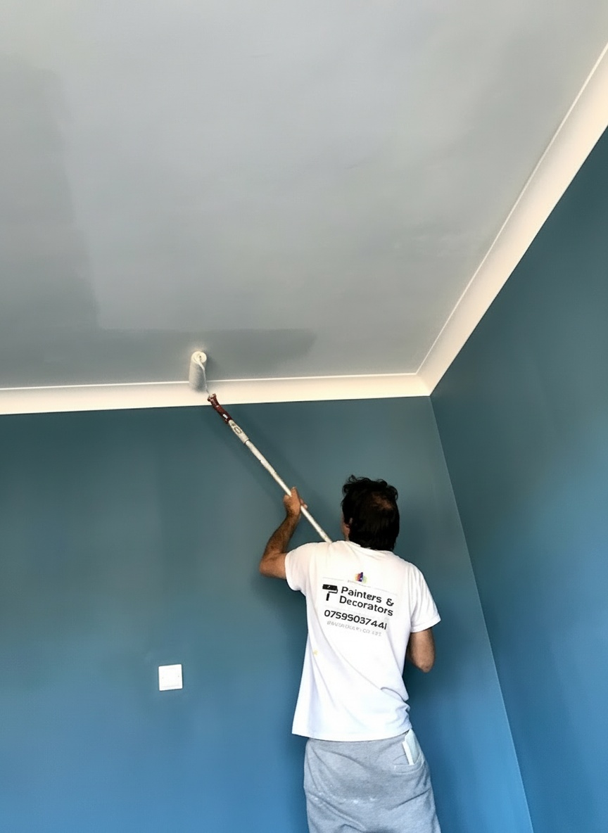Professional painter working on ceiling with precision