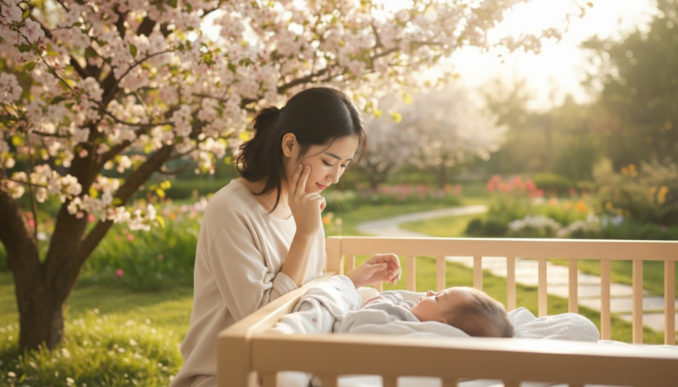 赤ちゃんを見守る日本人ママ