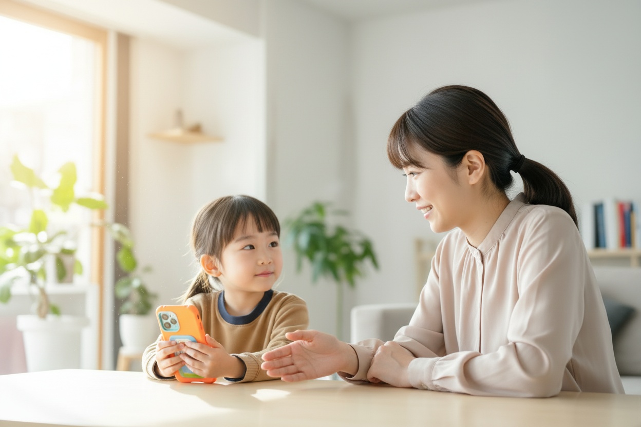 キッズスマホを使う子どもと見守る親