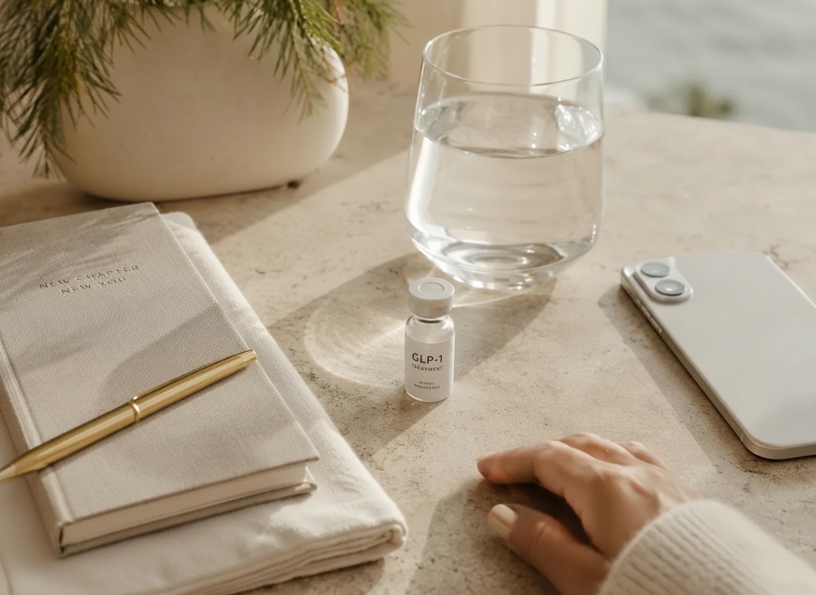 Start your GLP-1 provider review — Surfbound Health Small amber glass medical vial on warm cream limestone surface, soft ocean horizon in distant blur, sea-glass teal accent, premium editorial medical product photography