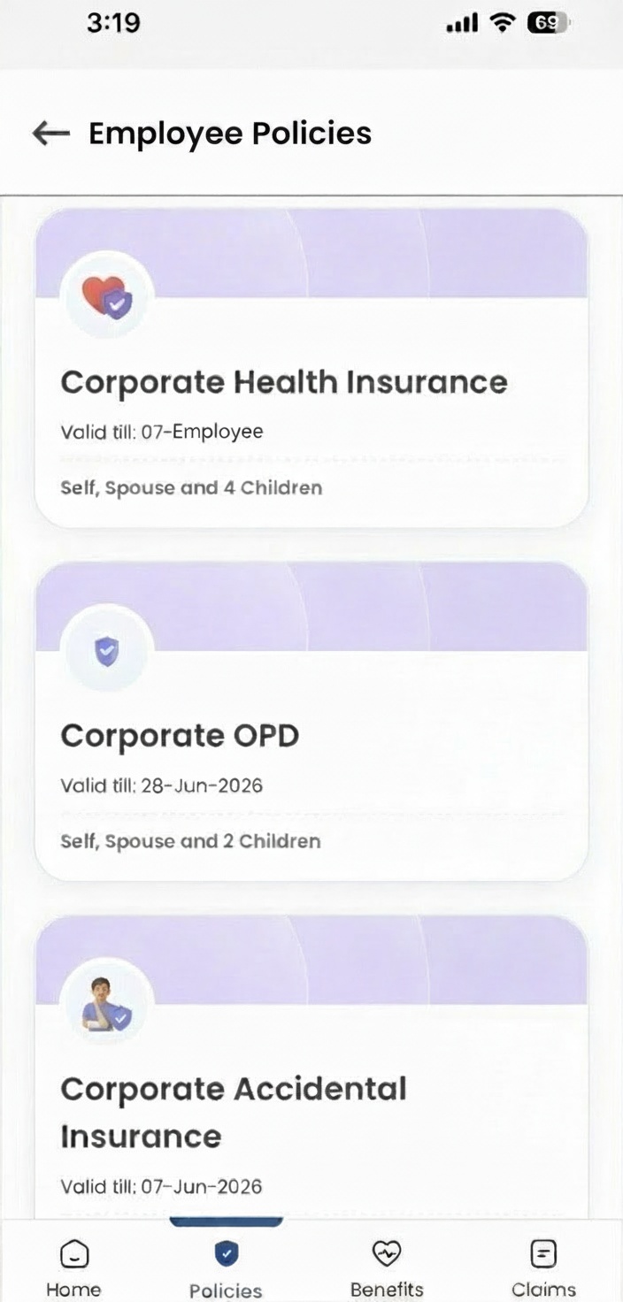 Infina Insure App Policy Dashboard
