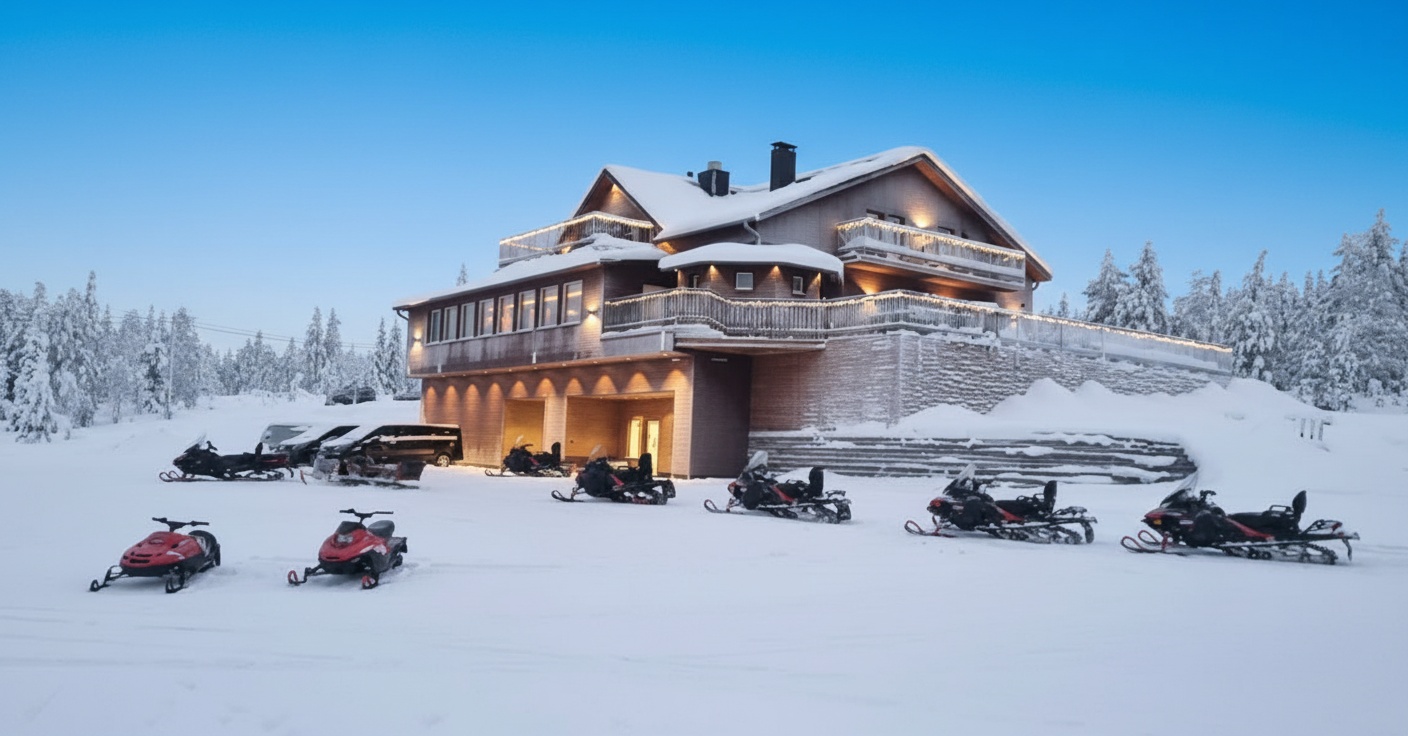 Private Arctic Lodge — Grand exterior illuminated at night