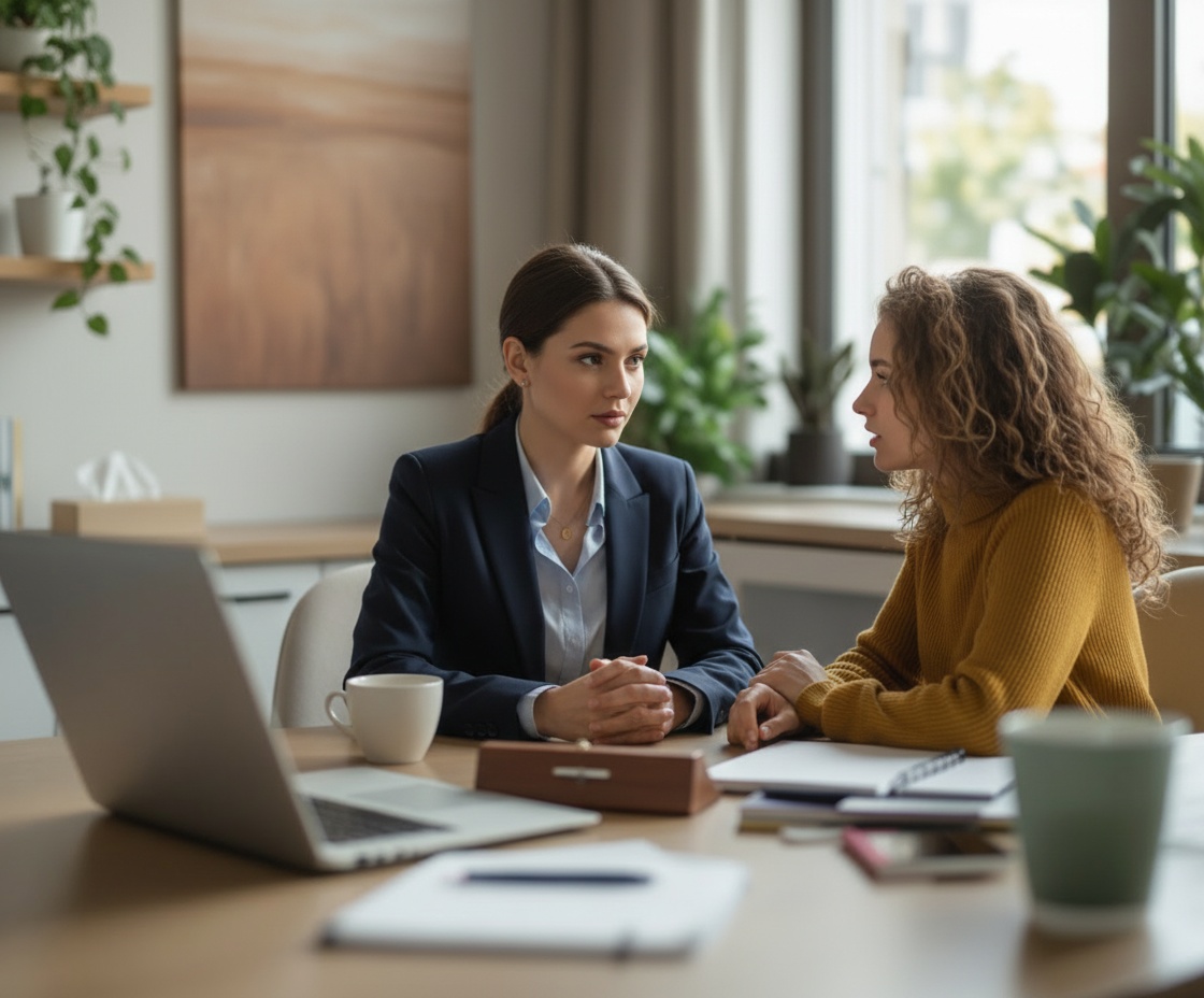 Young psychiatrist meeting with a patient in a modern clinical office