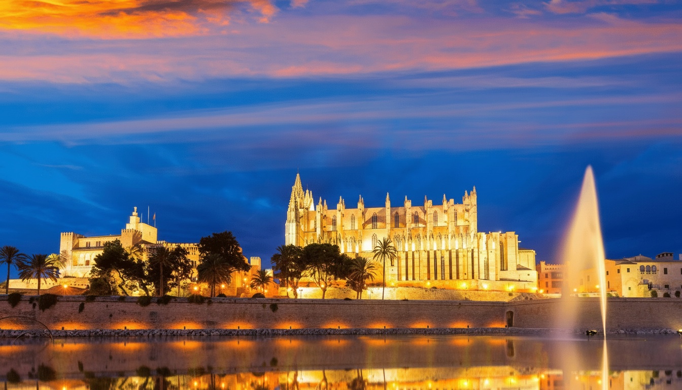 Palma Cathedral rising above the Mediterranean at sunset — golden sandstone, calm sea, palm silhouettes, a must-see for any art retreat visitor