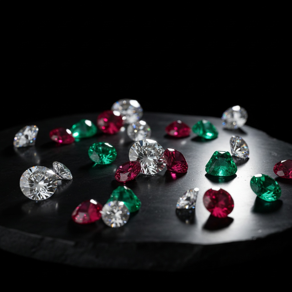 High-value commodity gemstones — diamonds, rubies, emeralds