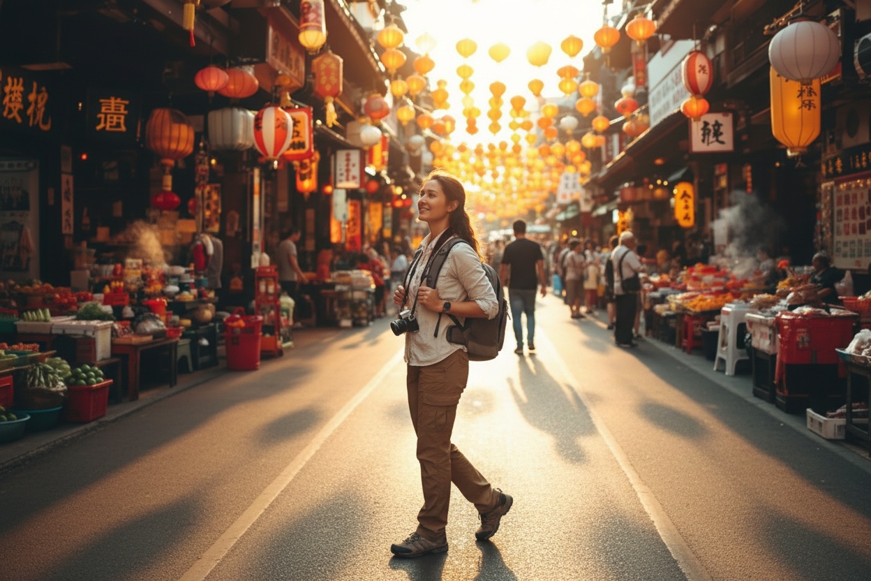Solo female traveler navigating a busy street market confidently