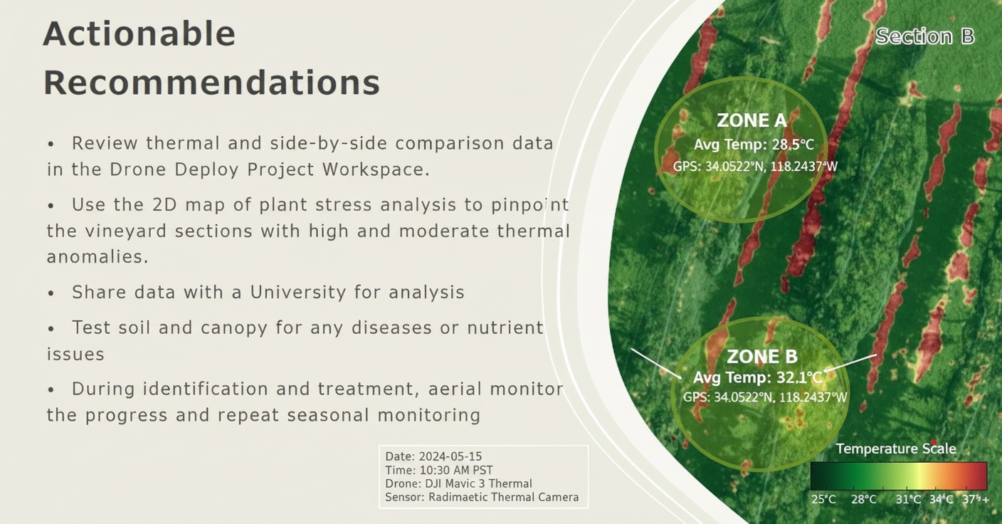 Heitman International commercial drone agricultural thermal analysis showing crop health monitoring with GPS coordinates and stress detection - Georgia premier provider