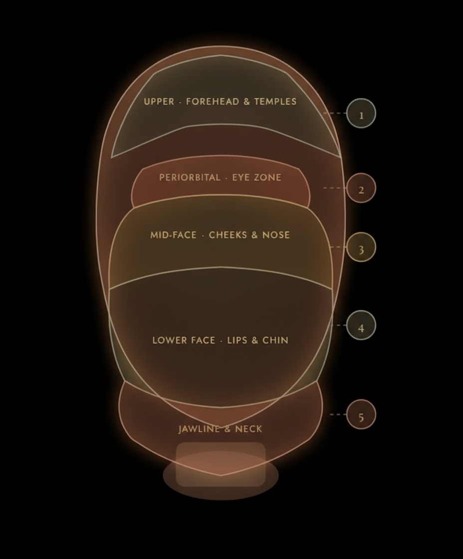 Facial zones diagram illustrating the five interconnected anatomical regions treated in full-face rejuvenation