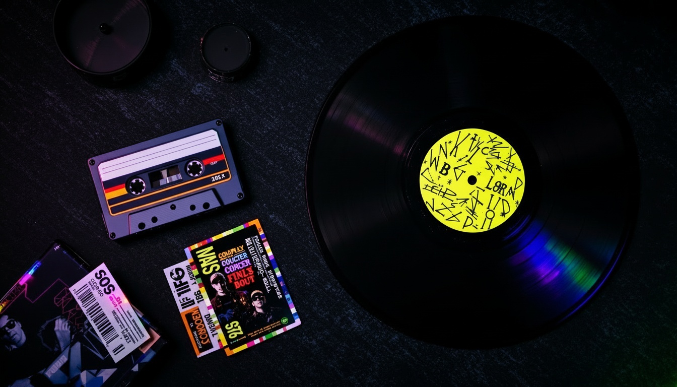 Cassette, vinyl record and concert tickets