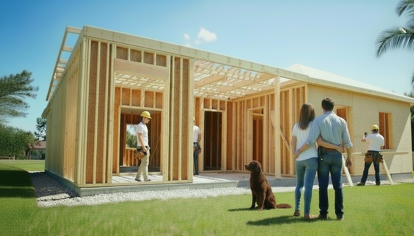 Florida contractors building a home with homeowners watching