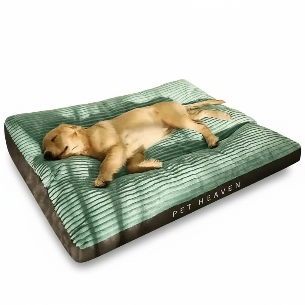 Dog sleeping on a green and gray 'Pet Heaven' bed indoors.
