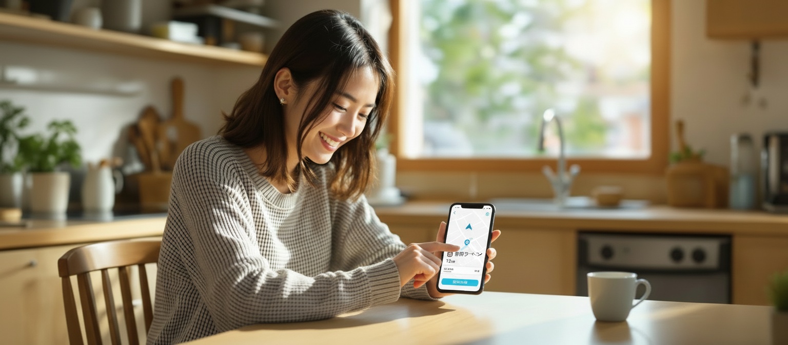 シンプルな操作で使いやすいGPSアプリを確認する日本人ママ