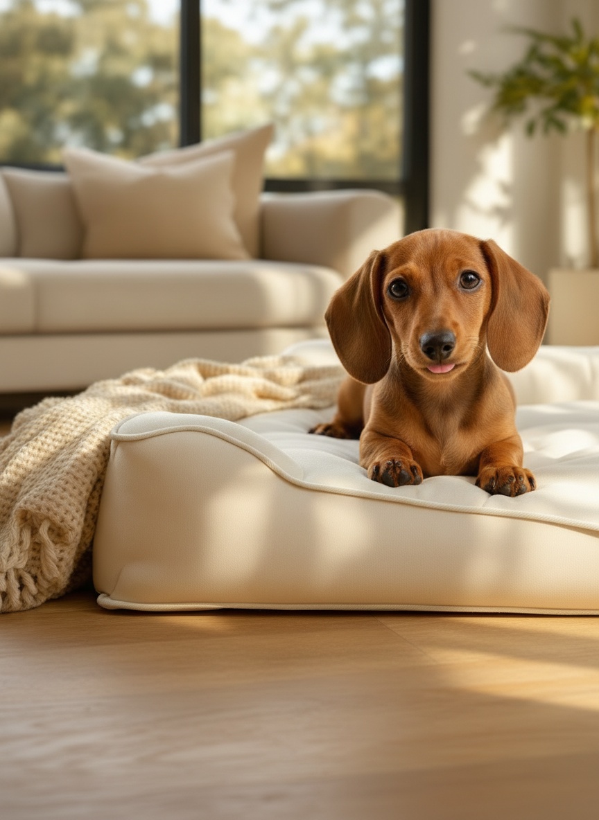 Brownie the dachshund resting on a Pets Heaven orthopedic bed
