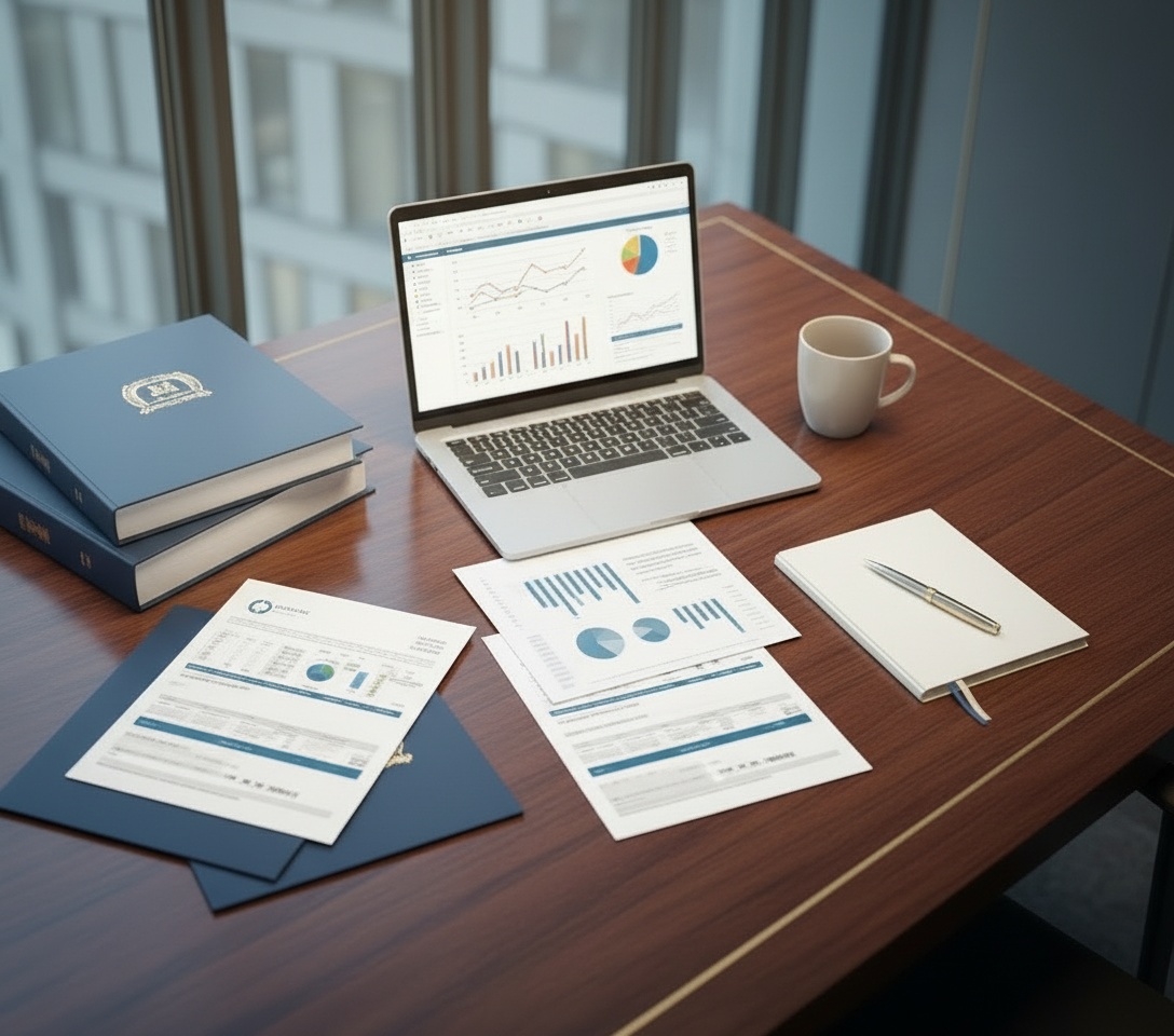 Profissional contábil analisando relatórios financeiros e gráficos em escritório moderno