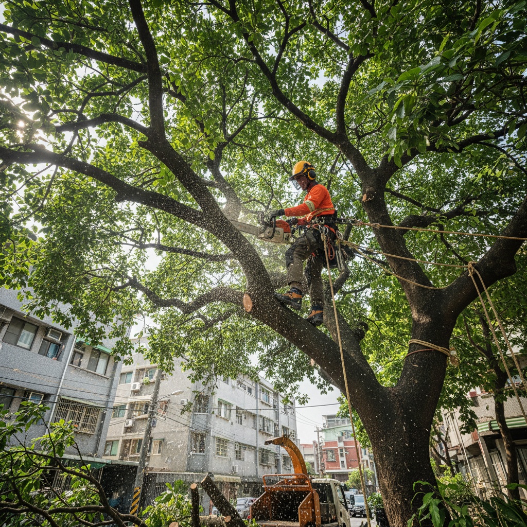 樹匠園藝攀樹師穿戴安全吊帶與頭盔,在新北市住宅區高空使用電鋸截除大型喬木枝幹