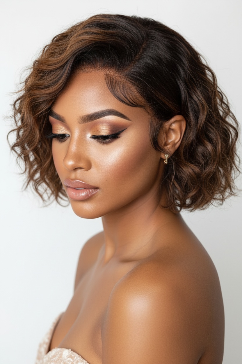 Short Deep Wave Full Lace Wig — light caramel brown