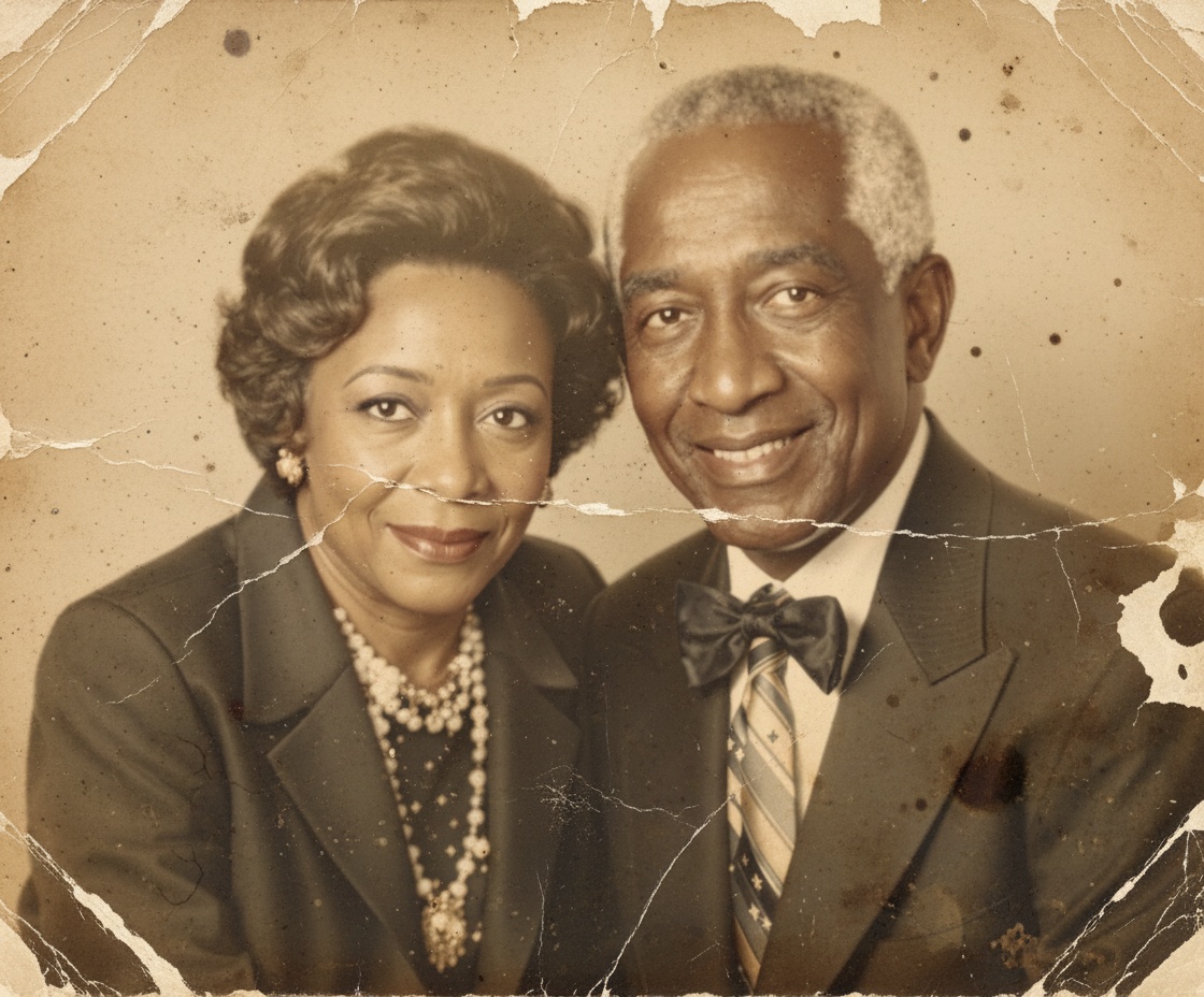 Scanned vintage black and white photo of an elderly man with natural aging scratches and creases before restoration