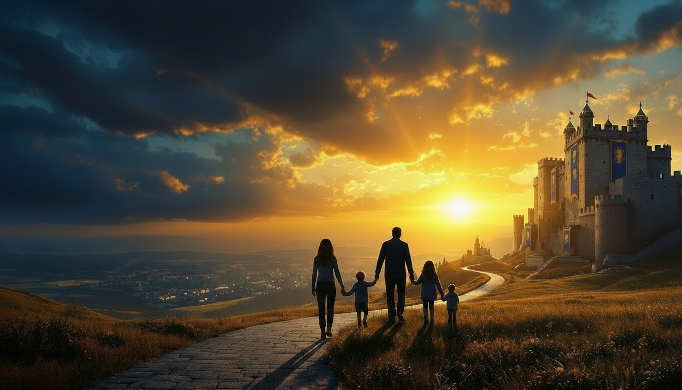 Family of five walking together as the dominant hero of the image toward a glowing Kingdom city at sunrise, with deep navy blue twilight on the left and brilliant golden sunshine on the right