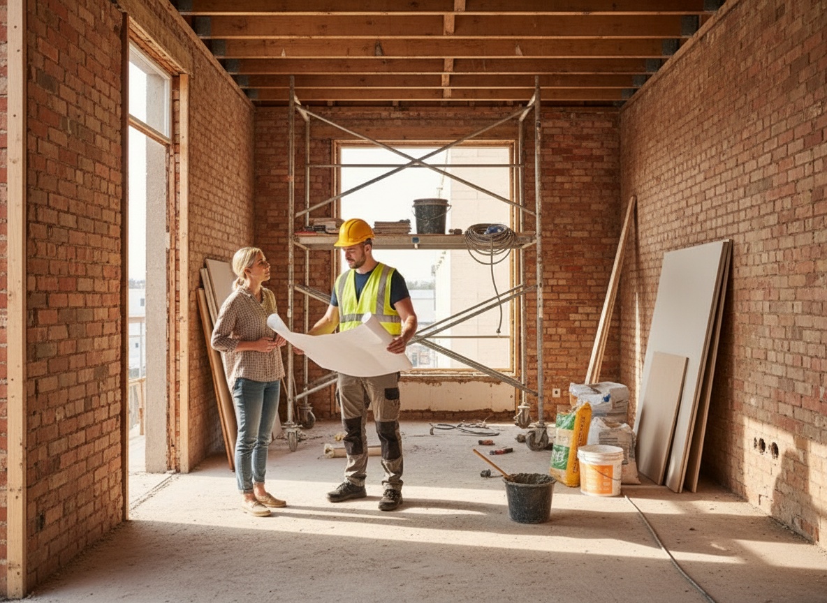 Site team discussion with client on house interior renovation