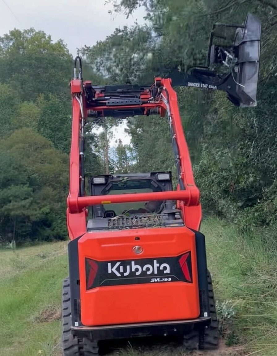 Kubota SVL75-3 with brush cutter attachment clearing property in Rock Hill SC