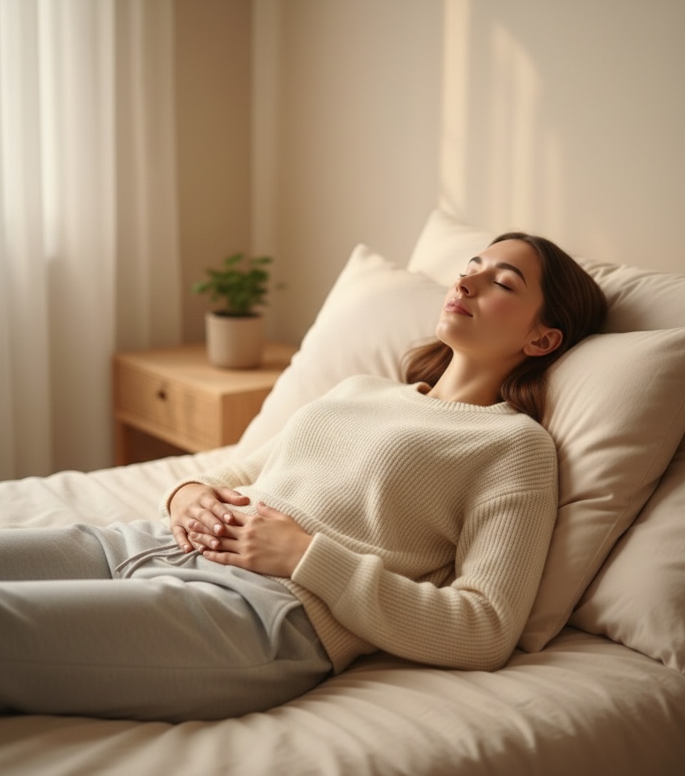 Woman meditating peacefully on a bed