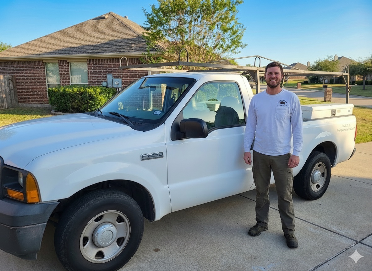 Cody Doolan, owner of 3rd Gen Home Services, standing next to white F-250 service truck in Plano Texas
