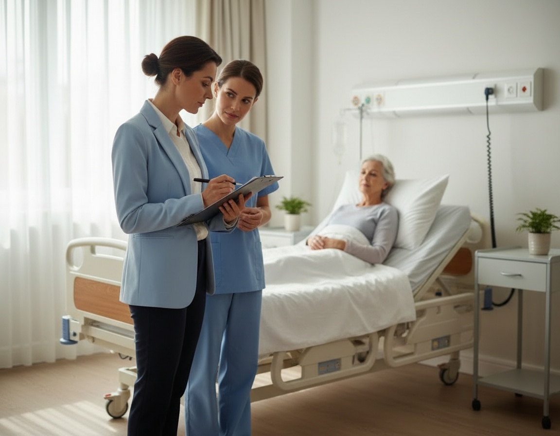 Waypoint Care Management clinical advocate consulting with nurse in hospital room