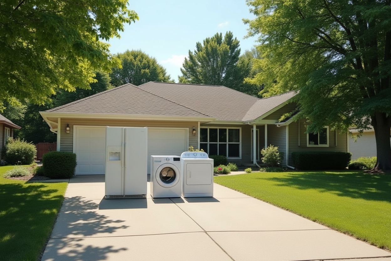 Old appliances including refrigerator and washing machine staged for pickup and recycling in Plymouth Wisconsin home