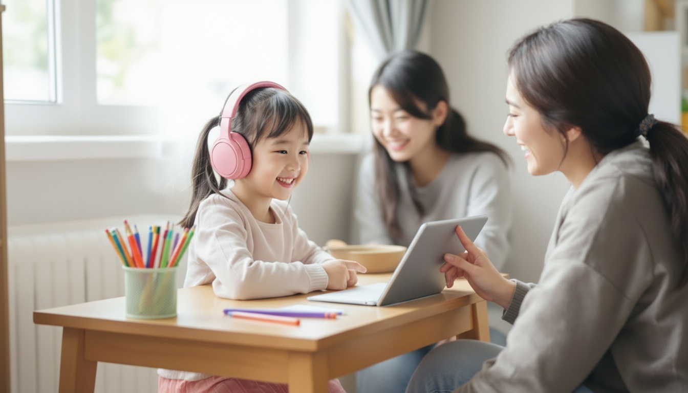 Palfish Academyで楽しく英語を学ぶ子供とサポートするママ