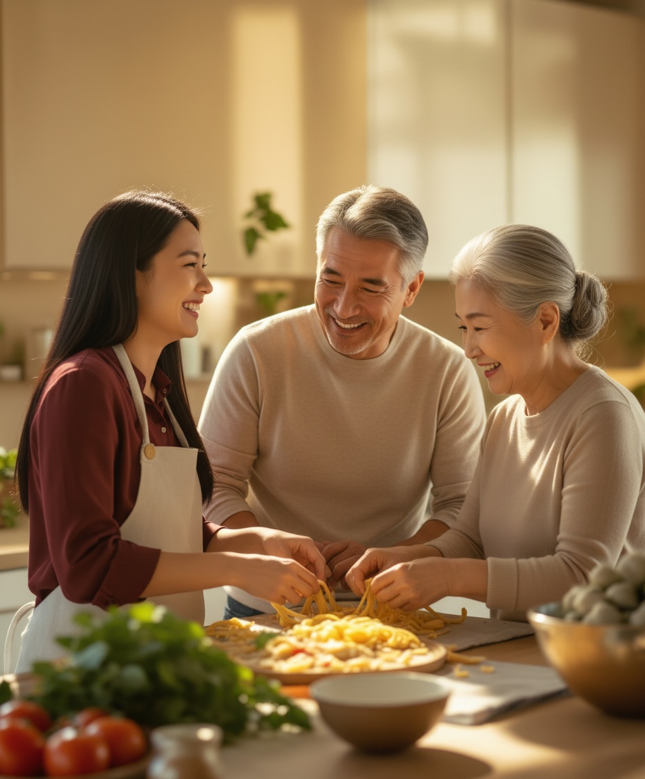 Korean family cooking together with a warm meal in a bright home kitchen