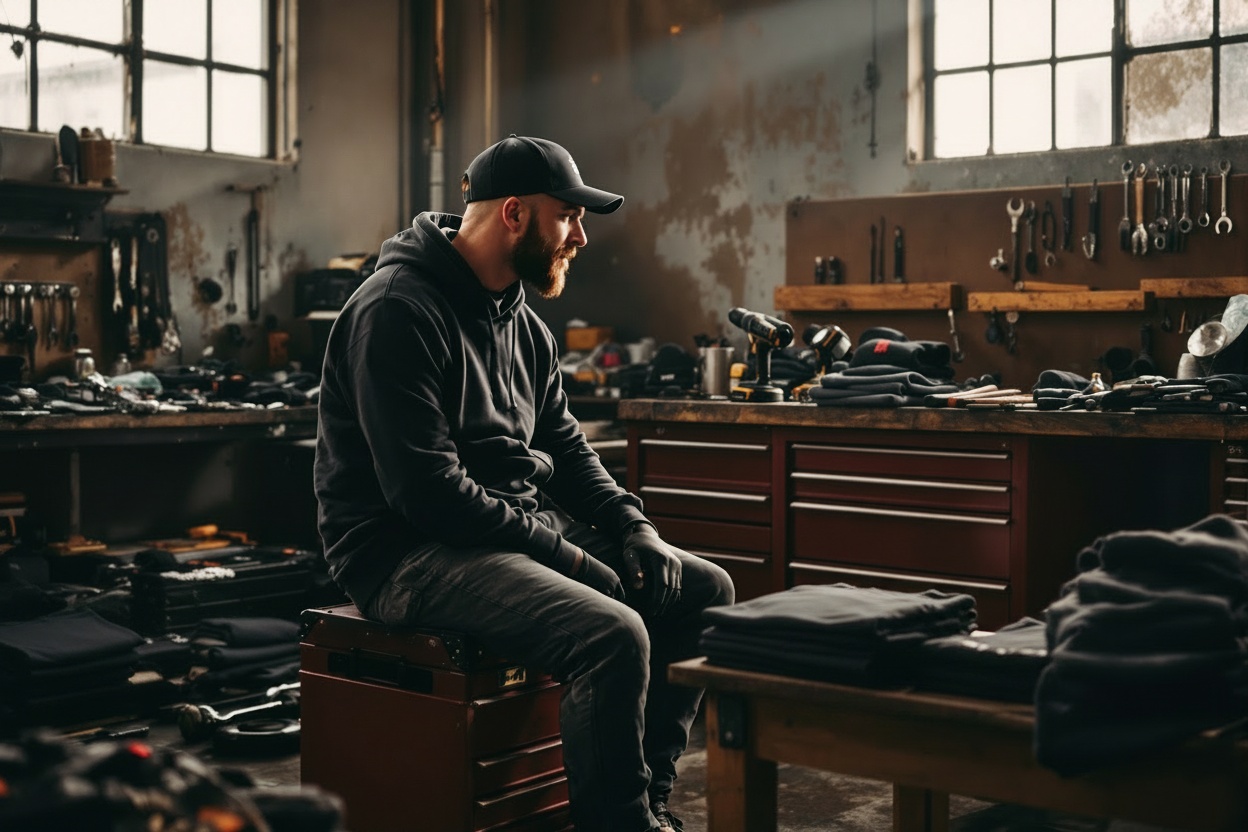 Trades workshop with tools and branded merch