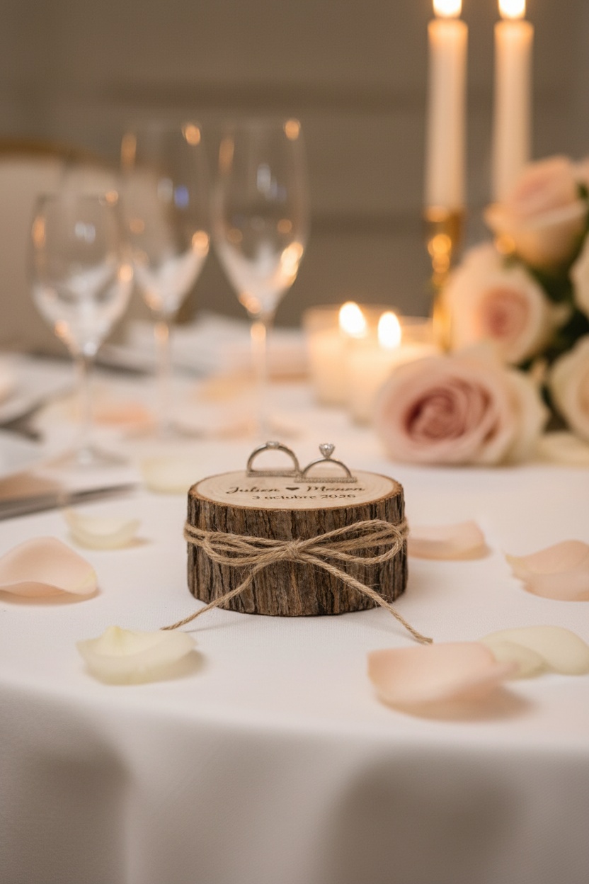 Porte-alliances en bois sur table de mariage raffinée, vue de côté