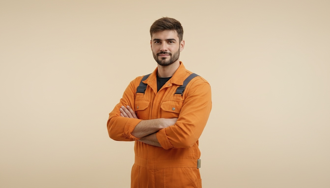 Plombier Oui Allo bras croisés prêt à intervenir — Uniforme orange professionnel