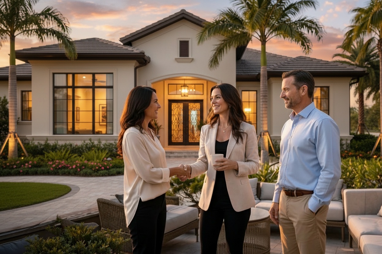 Aurora Vacation Homes founder with homeowner couple in front of luxury home