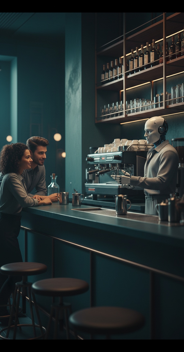 Amy dietro al bancone di un bar a parlare con due baristi