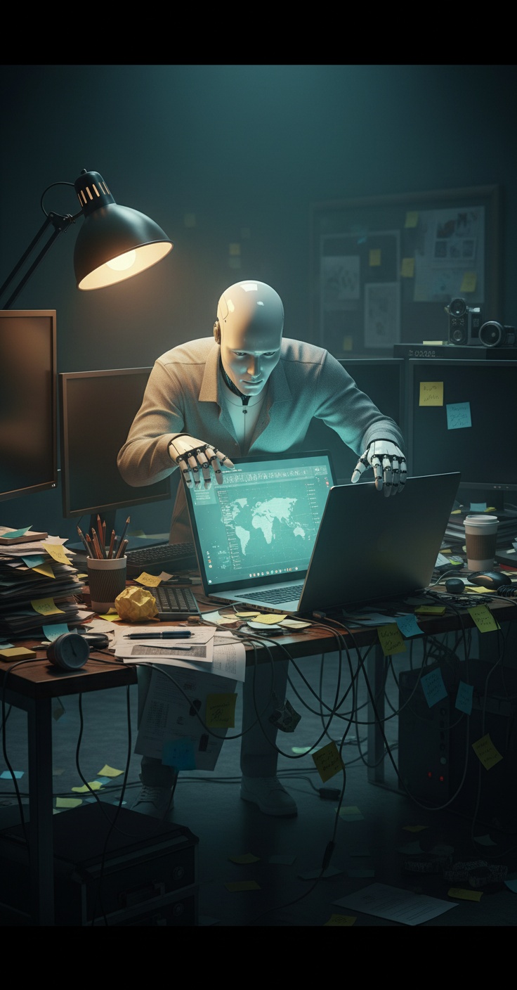 Amy emerge dallo schermo di un PC in un ufficio caotico per analizzare la situazione