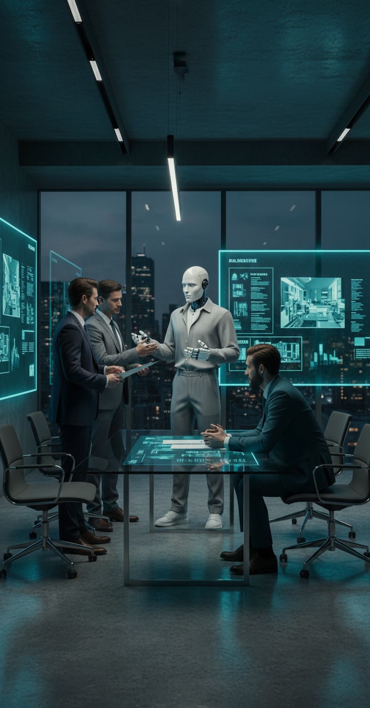 Amy in un'agenzia immobiliare a parlare con tre business-man