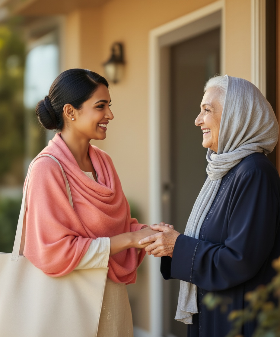Krista Care caregiver warmly arriving at a senior's home