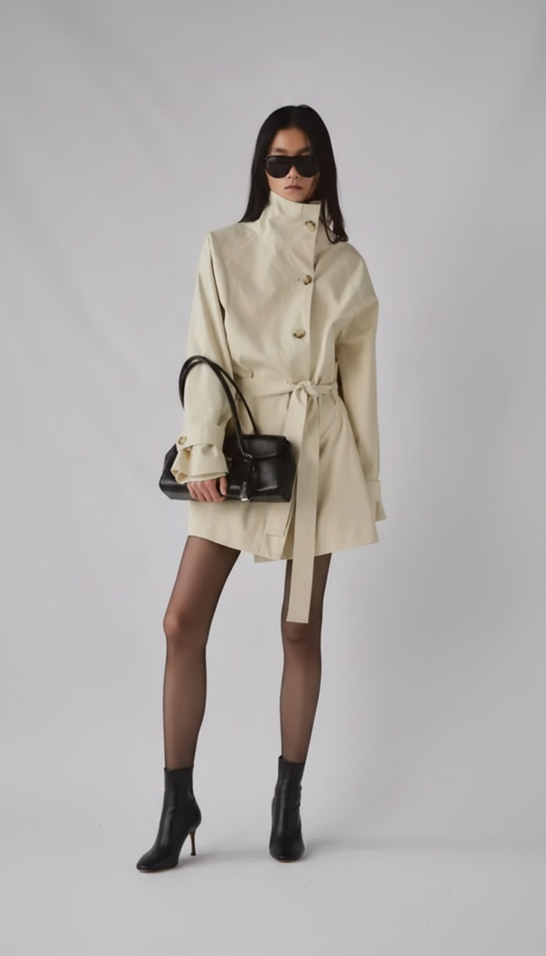 Funnel Neck Belted Trench Coat