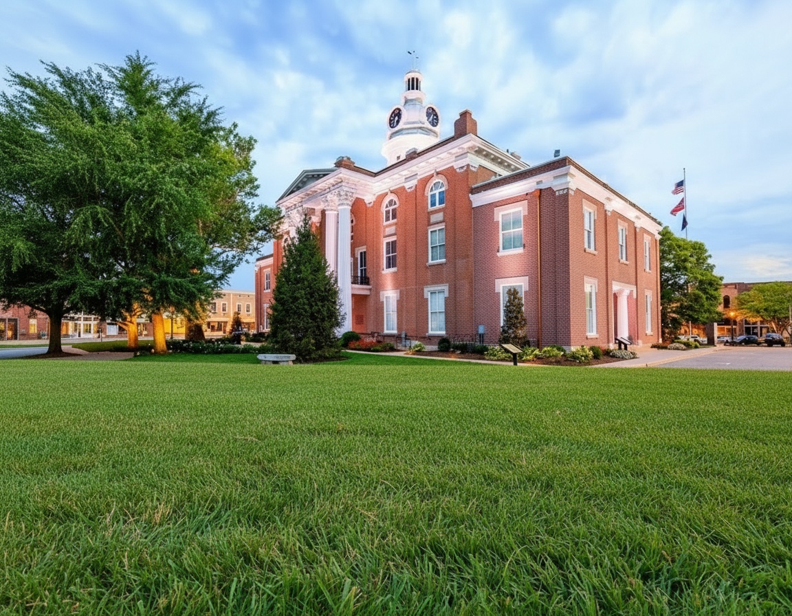 Historic Rutherford County Courthouse on the public square in downtown Murfreesboro, TN on a sunny day.
