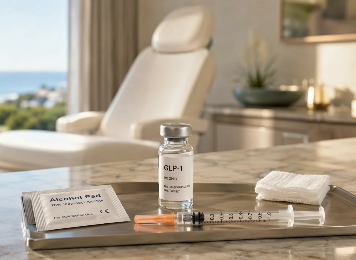 How GLP-1 treatment is administered — supplies and instructions | Surfbound Health Small sterile amber glass vial with black cap on cream limestone surface, alcohol prep pad nearby, folded blank white instruction card, discreet plain shipping box partially visible in soft focus, sea-glass teal ceramic accent piece, soft coastal natural window light, realistic soft shadows, premium editorial medical product photography, minimalist still life, no text no labels no logos no people no pens no devices, warm neutral clinical aesthetic