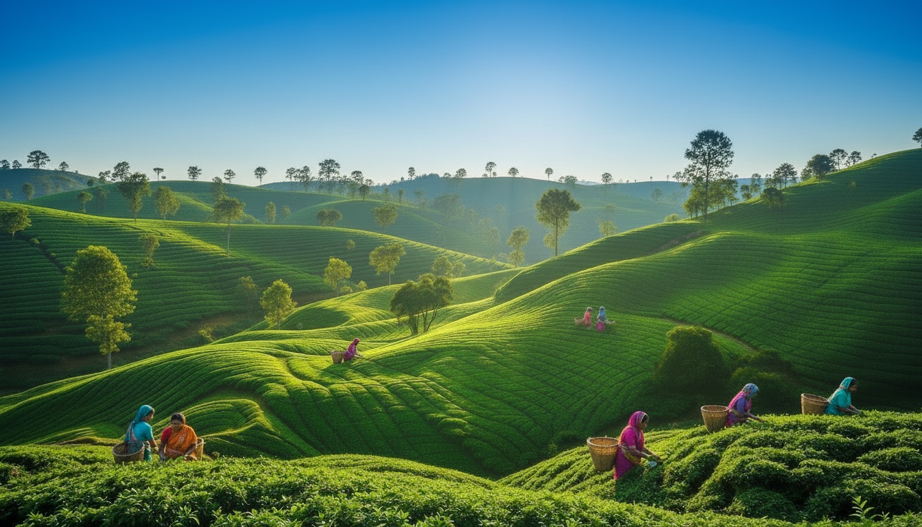 Tea garden with women picking tea leaves under bright blue sky