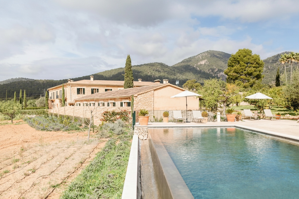 Afternoon light on the pool terrace at MALLORCA ART RETREAT — the Tramuntana mountains hold the last of the golden hour