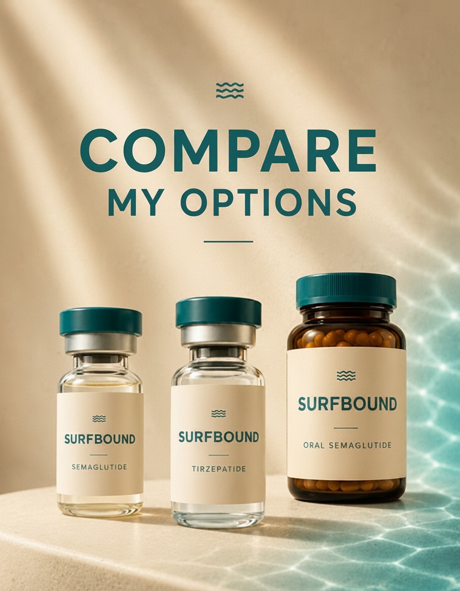 Have my doctor decide for me: GLP-1 Weight Loss Program | Surfbound Health Surfbound Health semaglutide versus tirzepatide comparison — side-by-side breakdown of GLP-1 weight loss treatment options, licensed provider review, cash-pay pricing at $169 per month for semaglutide and $219 per month for tirzepatide, discreet telehealth evaluation from home