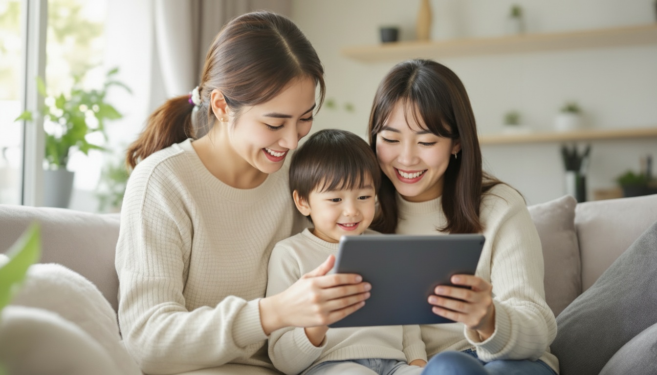 Palfish Academyオンライン英語レッスンを確認する日本人ママ