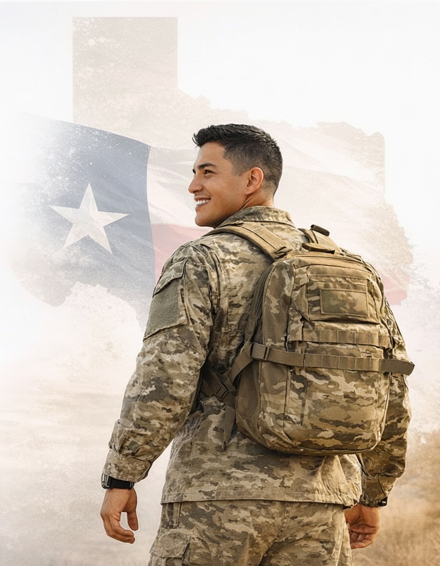 Veteran soldier with Texas state silhouette