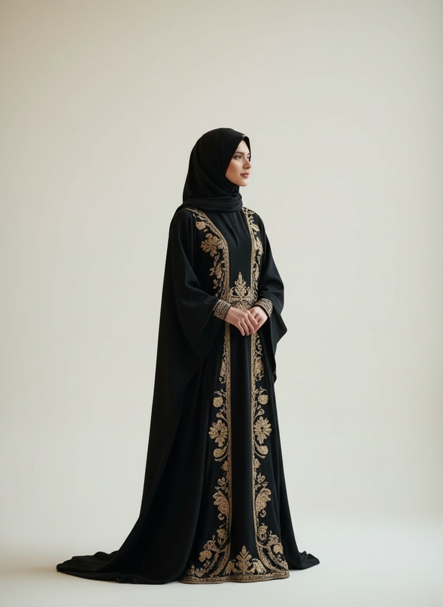Black Arabic Style Abaya with Gold Embroidery