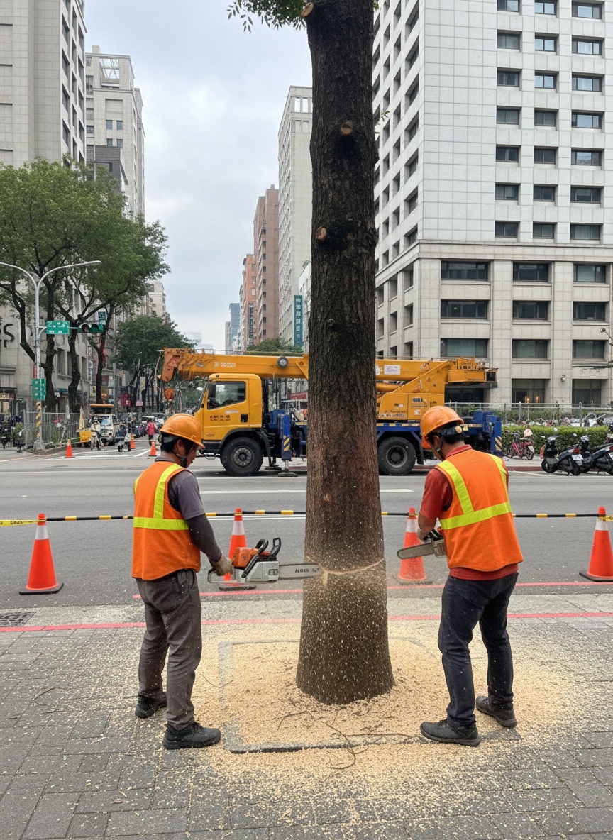 樹匠園藝工人在台北市街道使用大型電鋸砍伐樹幹,吊車輔助控制落木方向,確保施工安全